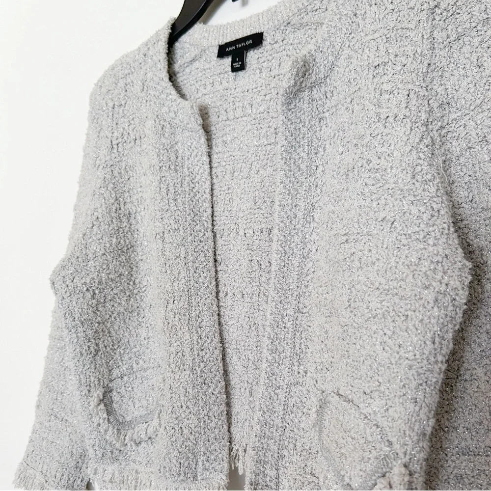 Ann Taylor silver gray fringe blazer long sleeve pocket jacket small - Picture 4 of 7